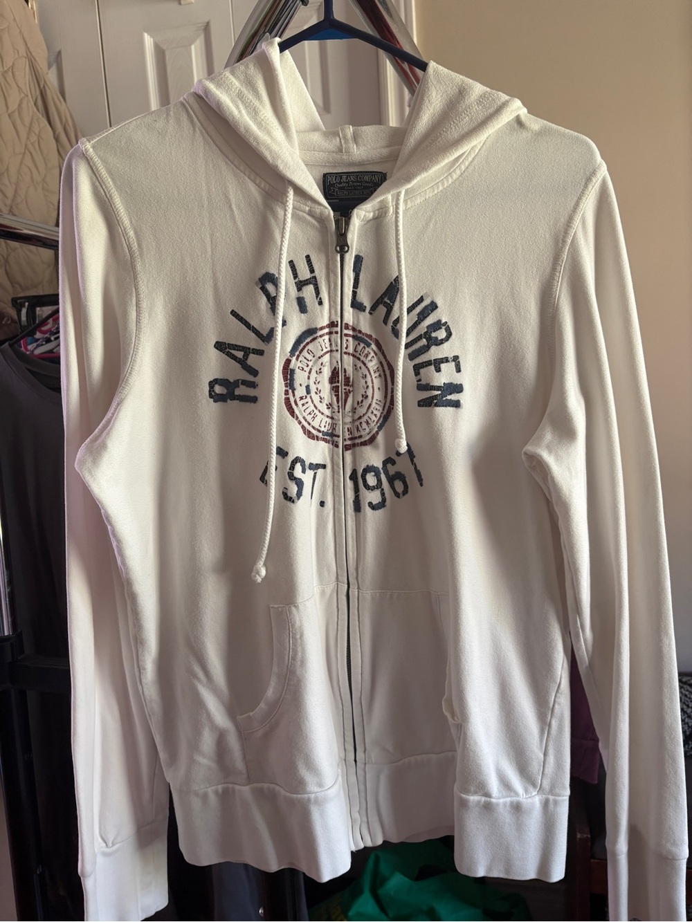Ralph Lauren White Zip Hoodie with Navy and Red Crest
